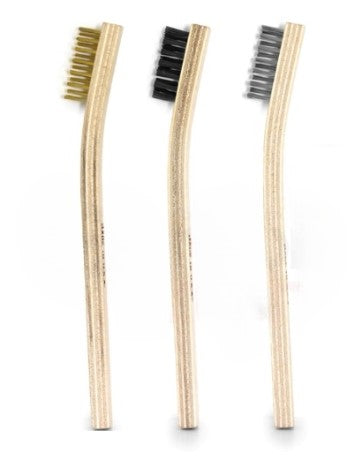 3 Scratch Brush Set: Brass, Stainless Steel, Nylon Bristle and Plywood Handles (pack of 12)