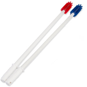Two long reach multi-purpose food service brushes with white handles and color-coded bristles (red and blue).